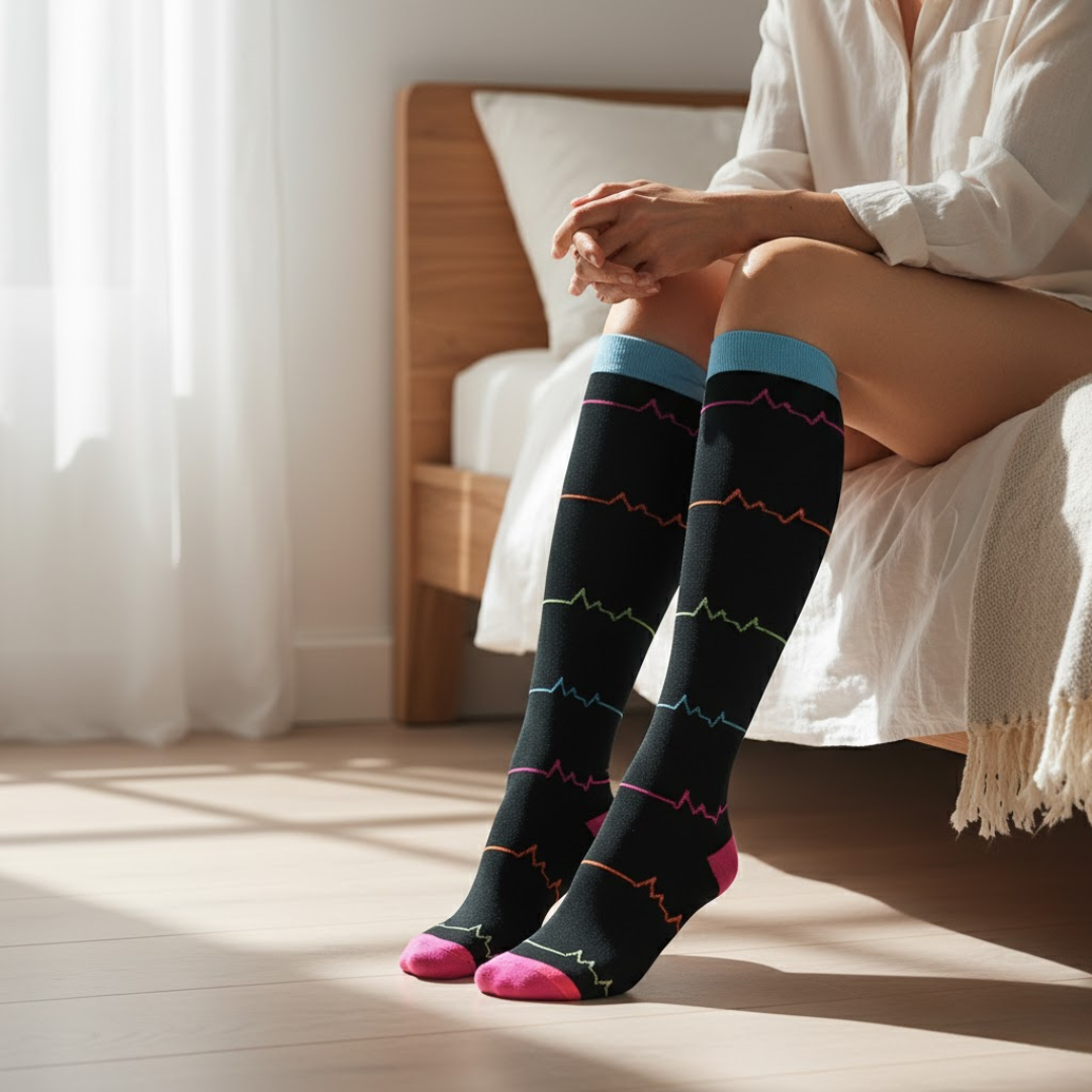 Person wearing colorful knee-high socks sitting on a bed in a bright room.